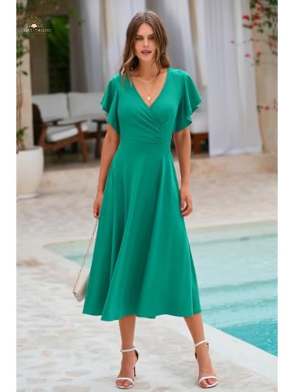 PRETTYGARDEN Wrap V Neck Midi Dress Flowy A-Line Cocktail - Picture 2 of 6